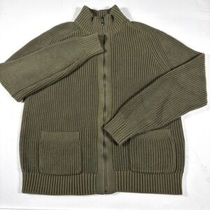 Lands' End Cardigan Sweater Mens Large Olive Chunky Knit Long Sleeve Full Zipper